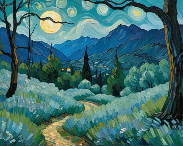 Serene Landscape Under Night Sky with Moon and Hills