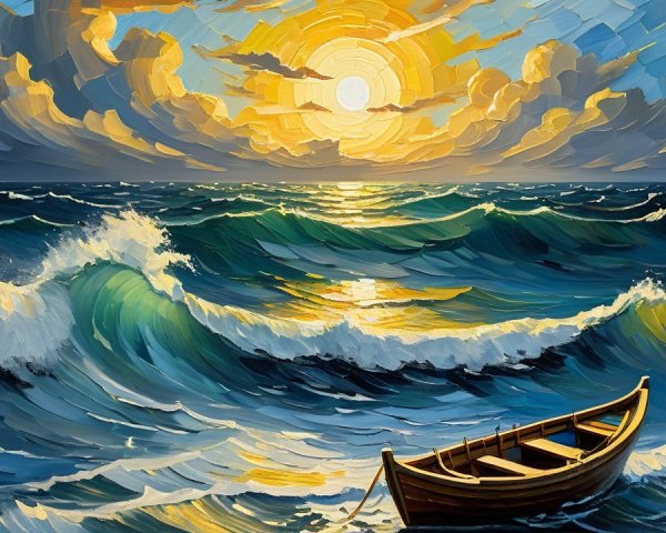 Vibrant Seascape with Boat on Choppy Waves