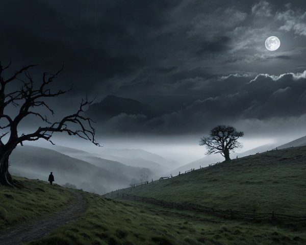 Solitary figure walks a misty path under moonlight