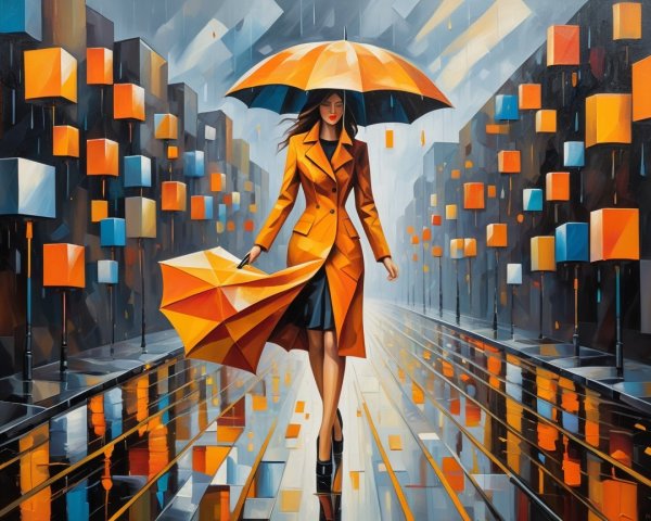 Stylish Woman in Yellow Coat on Rainy City Street