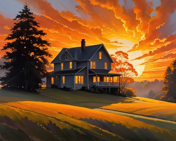 Serene Countryside Scene with Sunset and Lush Fields