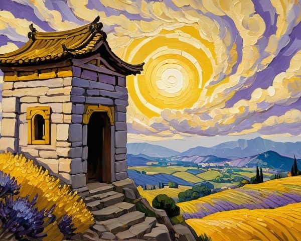 Colorful Painting of a Stone Pagoda on a Hill
