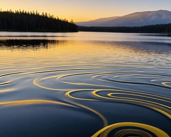 Serene Lake at Sunset with Golden Ripples and Trees