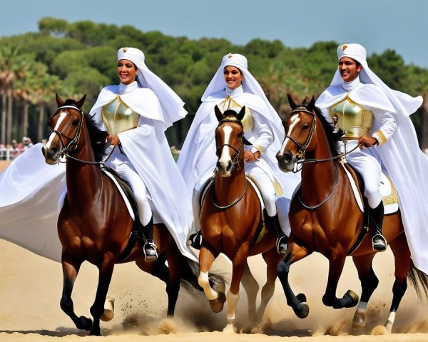 Elegant Equestrian Display with Riders on Brown Horses