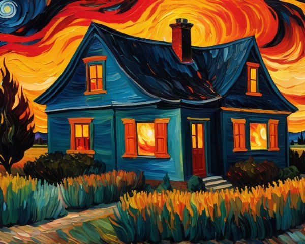 Vibrant Blue House Amid Fiery Sky and Golden Fields