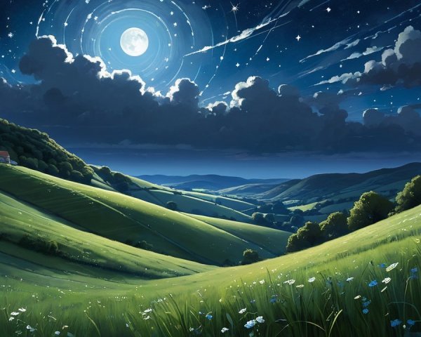 Serene Night Landscape with Rolling Hills and Moon