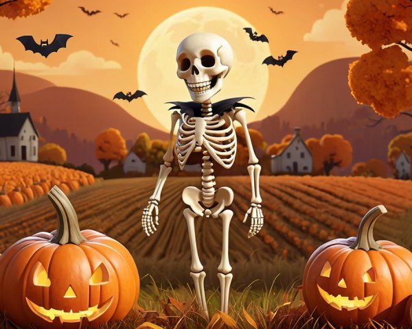 Cheerful skeleton in vibrant autumn landscape with pumpkins