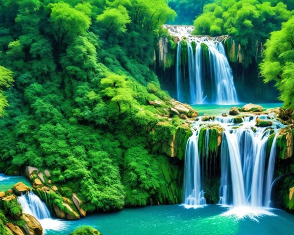 Waterfalls in a Lush Green Jungle Landscape