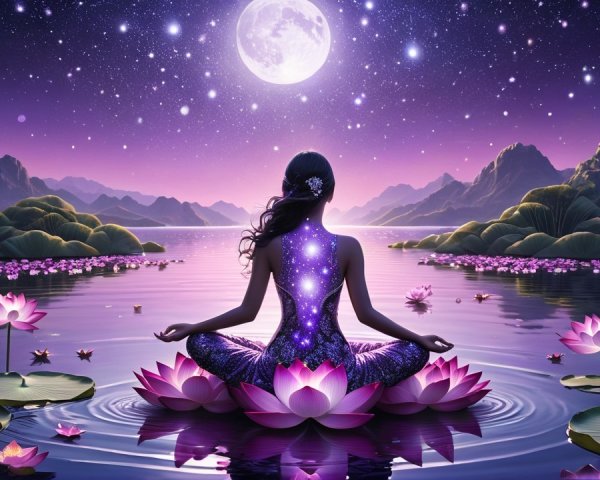 Serene Figure on Lotus Flowers Under Full Moon