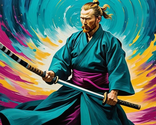 Samurai in Teal Kimono with Katana and Colorful Background