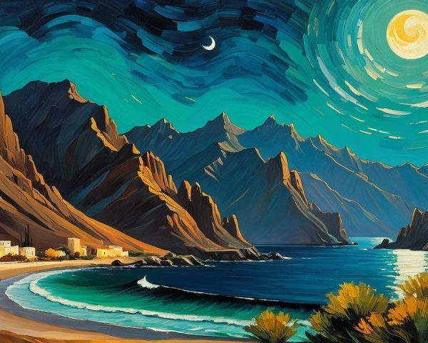 Vibrant landscape with moons over mountainous coastline