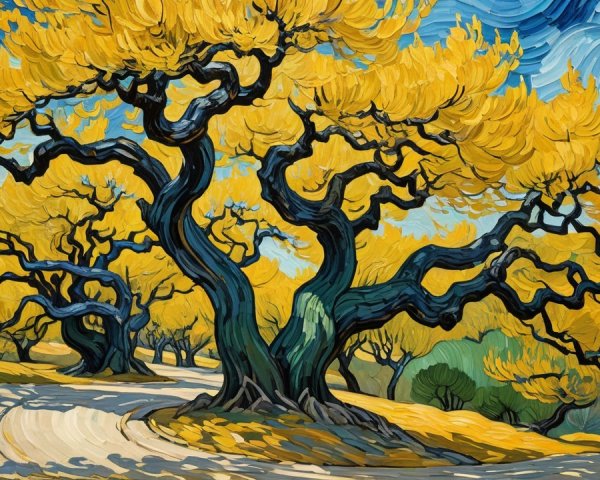 Vibrant Landscape with Twisting Trees and Blue Sky