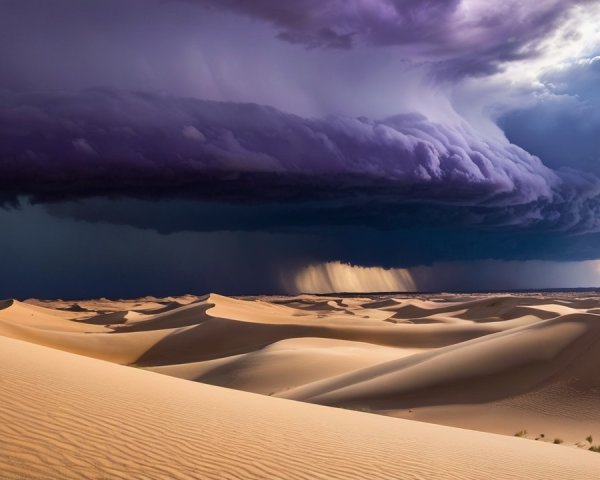 Dramatic Desert Landscape with Sand Dunes and Stormy Sky