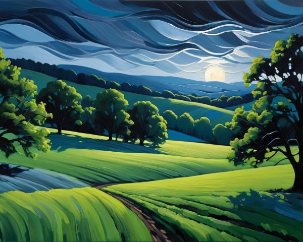 Vibrant Landscape with Rolling Hills and Dynamic Sky