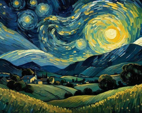 Vibrant Night Sky with Moon and Rolling Hills