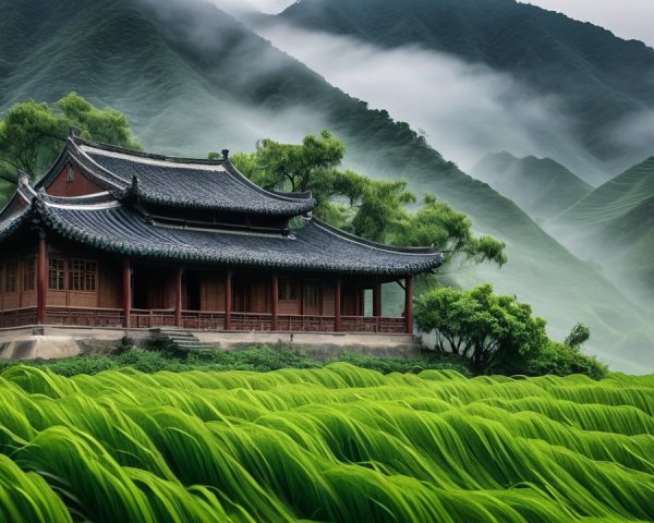 Serene Asian Landscape with Rice Terraces and Hills
