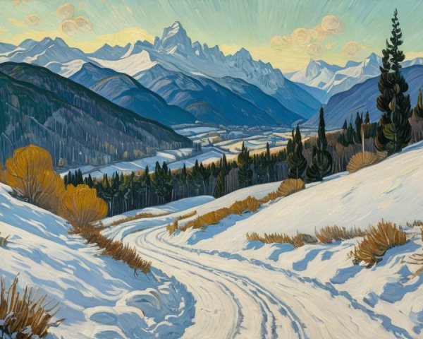 Serene Winter Landscape with Snowy Hills and Mountains