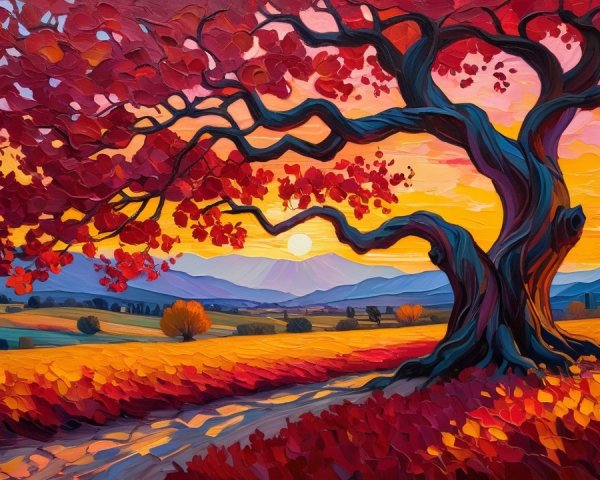 Vibrant Autumn Landscape with Gnarled Tree at Sunset