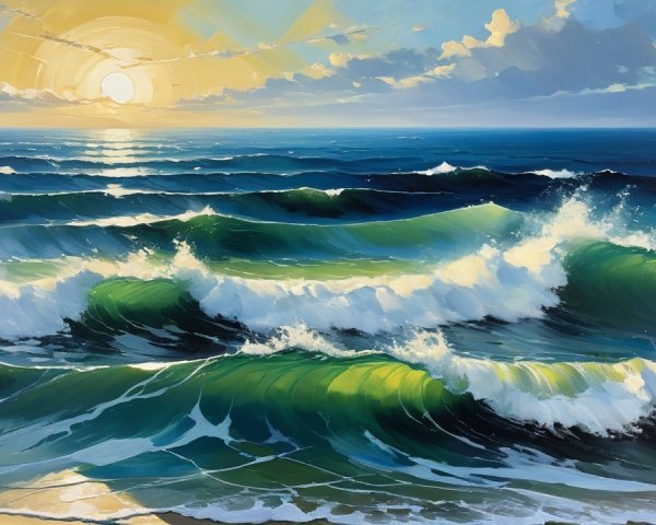 Vibrant Seascape of Sunset Over Rolling Waves