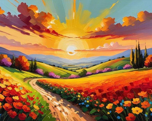 Vibrant Landscape with Hills, Flowers, and Sunset