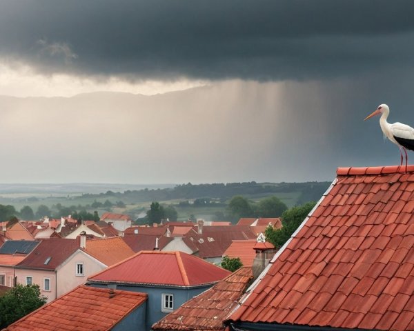 Stork on Roof Overlooking Pastel Village and Hills
