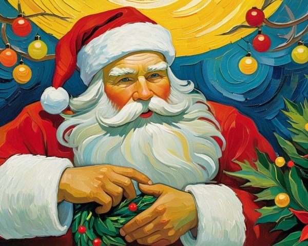 Detailed Van Gogh Style Santa Claus Close-Up Painting