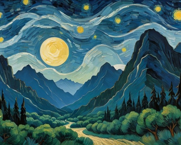 Full Moon Over Mountains with a Road in Van Gogh Style
