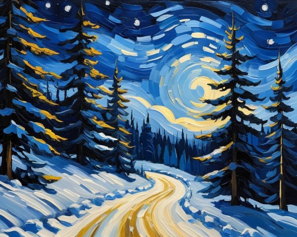Impressionist depiction of a snowy night road scene
