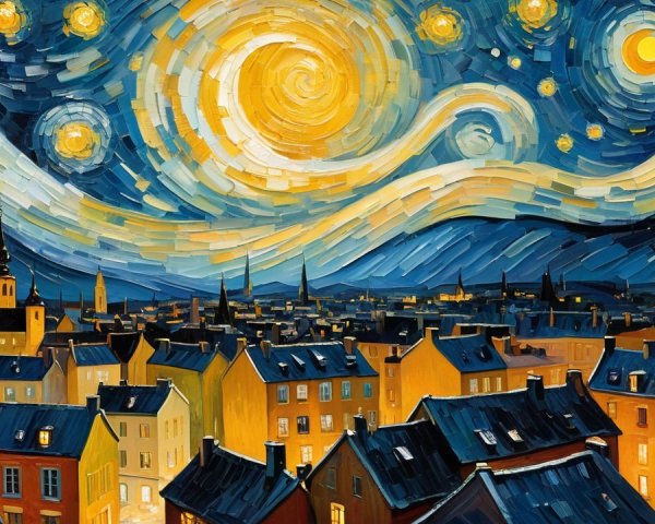 Impressionist Village Scene at Night with Spires