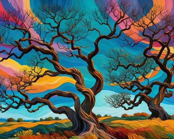 Vibrant Landscape with Twisted Trees and Sunset Sky