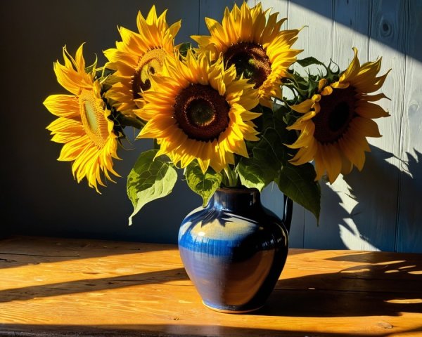 Sunflowers in a blue vase on a wooden table