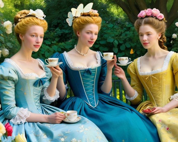 Elegant Women in Historical Gowns in Garden Setting