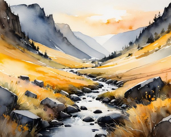 Winding Stream in a Golden Valley Landscape Scene