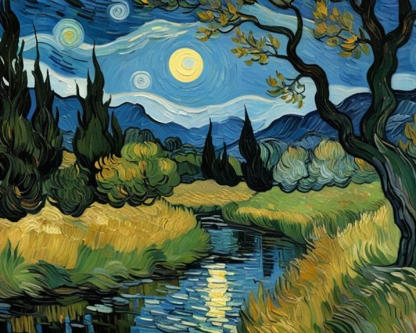 Vibrant Serene Landscape with River and Moonlight