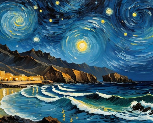 Colorful Starry Night with Mountains and Coastal Village