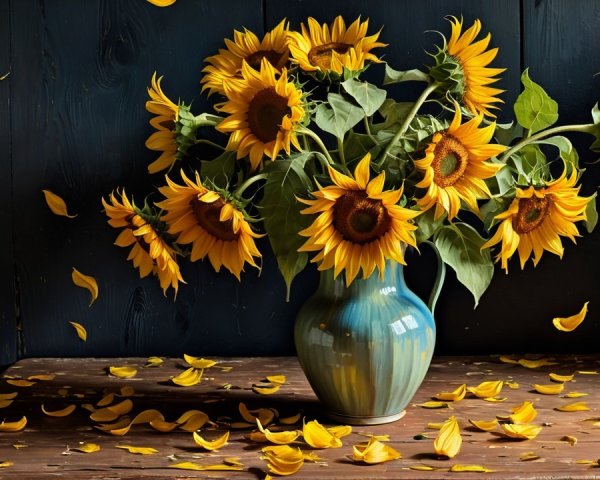 Vibrant Sunflowers in Turquoise Vase on Rustic Table