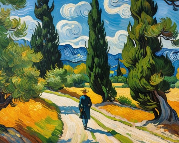 Winding Path Through Cypress Trees and Golden Fields