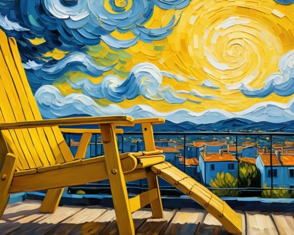 Large Yellow Adirondack Chair on Scenic Wooden Deck