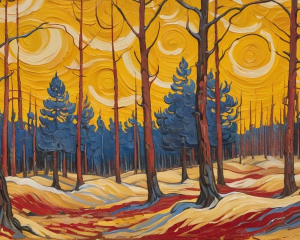 Impressionistic Forest Scene with Vivid Yellow Sky