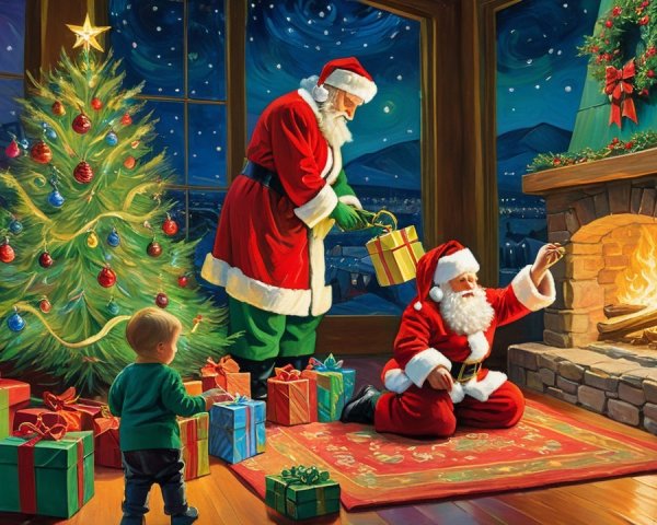 Christmas Scene with Santa Claus and a Little Boy