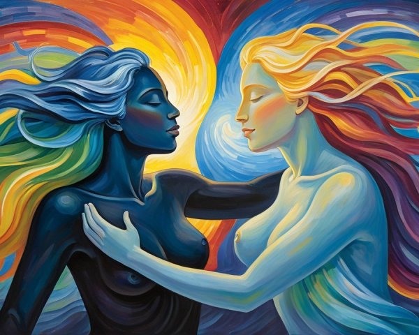 Figures with Colorful Hair in Cosmic Embrace