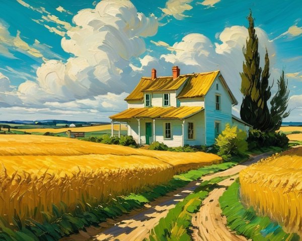 Charming Farmhouse Surrounded by Wheat Fields and Hills