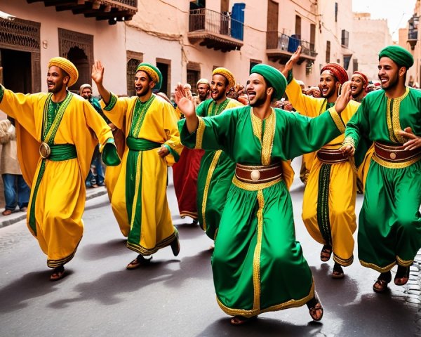 Vibrant street scene with men in traditional attire