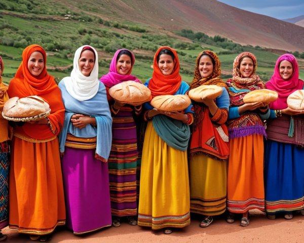 Women in Traditional Attire with Bread in Scenic Hills