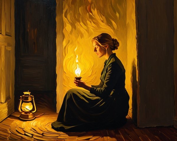 Woman in a dim room holding a small flame