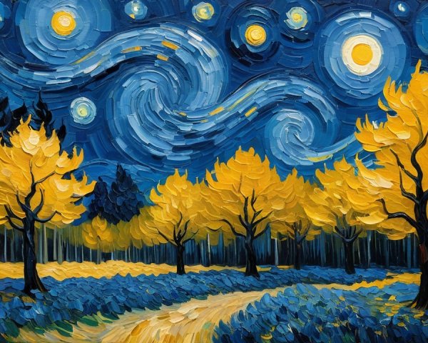 Impasto-style painting of autumn trees at night