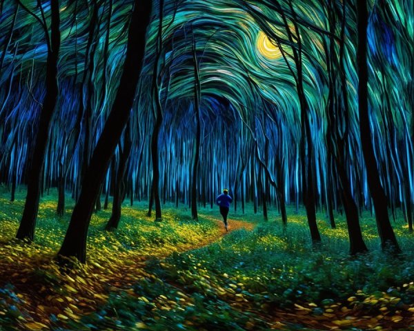 Forest Scene with Blue and Green Shades and Moonlight