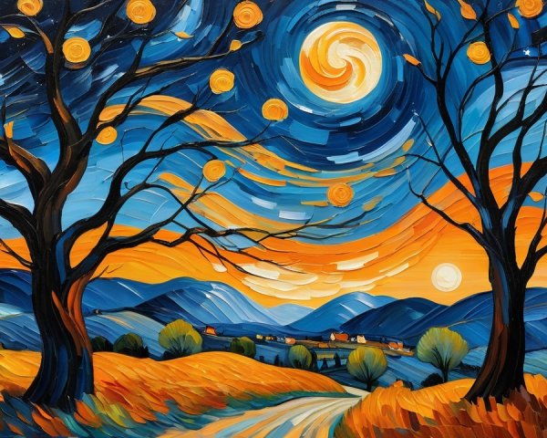 Vibrant Dusk Landscape with Twisted Trees and Village