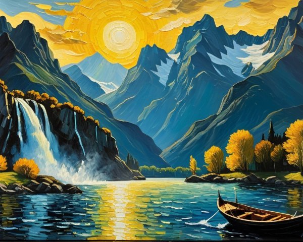Expressionistic Landscape with Mountains and Sunset