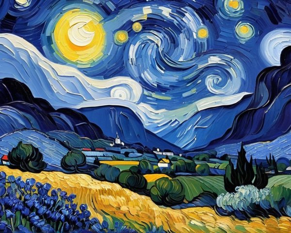 Impressionist Painting of Starry Night Over a Valley